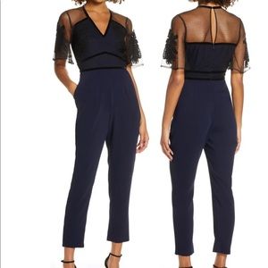 Navy Jumpsuit w/tapered leg and black mesh overlay